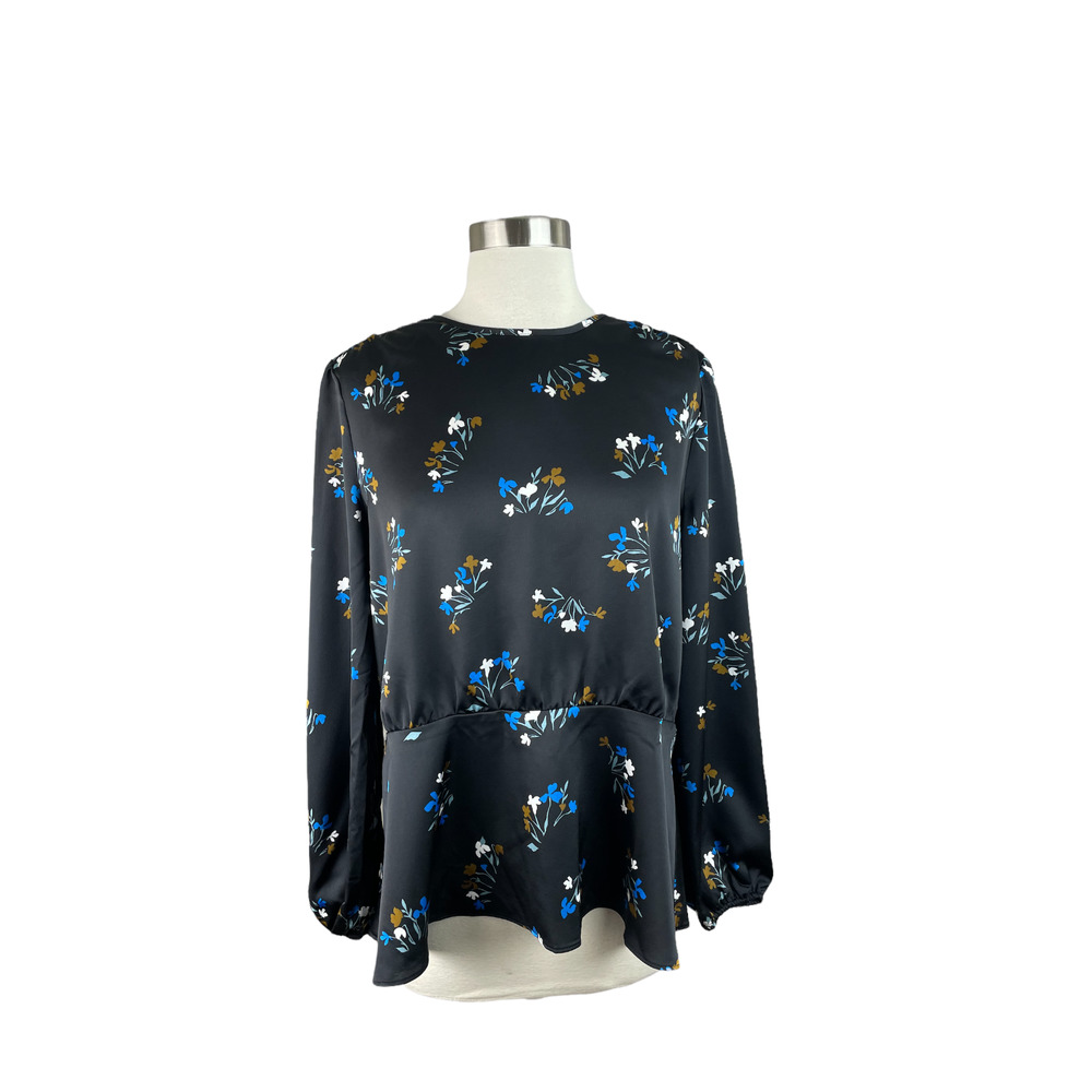 Ann Taylor NEW M Black Floral Peplum Back Zip Blouse